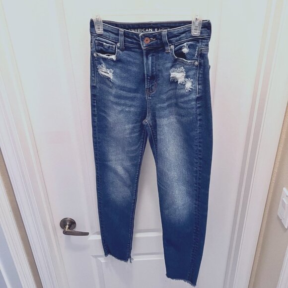 American Eagle Mom Jean-Stretch-Distressed-Skinny/Ankle Denim-Size 00-Blue/White - Picture 5 of 16